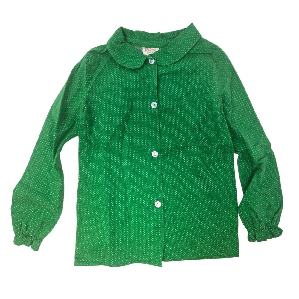 Vintage 70s Piccolo Kids Green Polka Dot Button-Up Cotton Shirt With Peter Pan C